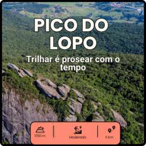 Vista aérea do Pico do Lopo com vegetação e paredões de pedra, usada para divulgar trilha da Rota Elementar.