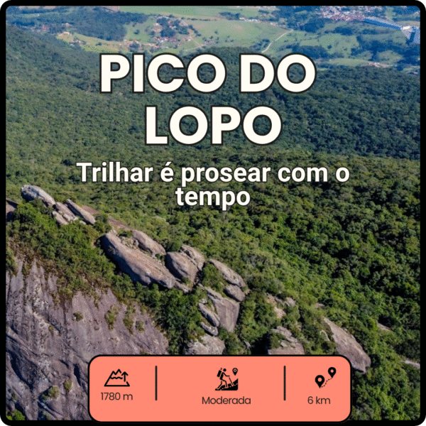 Vista aérea do Pico do Lopo com vegetação e paredões de pedra, usada para divulgar trilha da Rota Elementar.