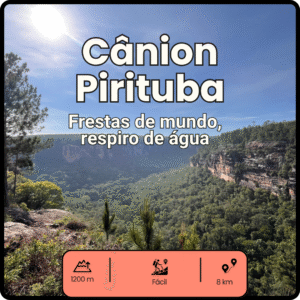 Card informativo da trilha para o Cânion Pirituba com altitude de 1200 metros, nível fácil e distância total de 8 km.