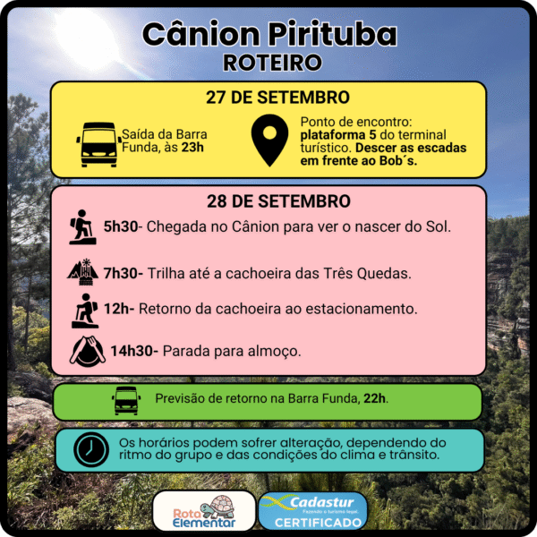 Imagem com o roteiro detalhado da trilha Cânion Pirituba, com horários de saída, chegada ao mirante, trilha até a Cachoeira das Três Quedas e retorno para São Paulo.