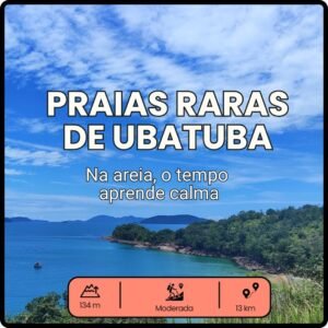 Trilha pelas Praias Raras de Ubatuba, entre Figueira e Caçandoca, com paisagens de mata atlântica e praias desertas.