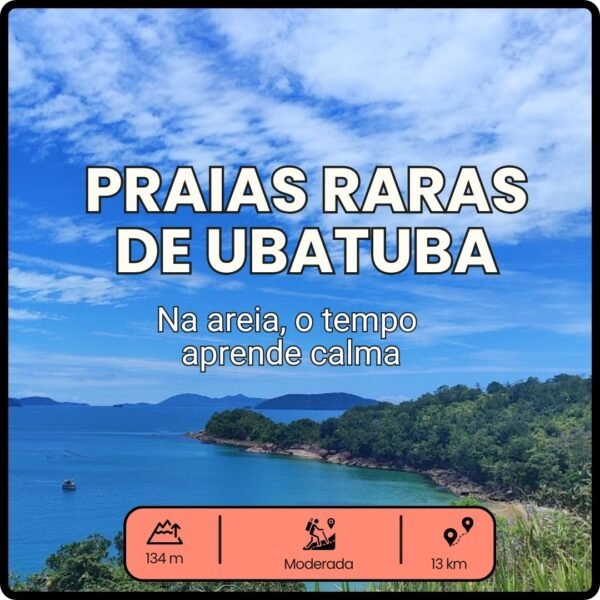 Trilha pelas Praias Raras de Ubatuba, entre Figueira e Caçandoca, com paisagens de mata atlântica e praias desertas.