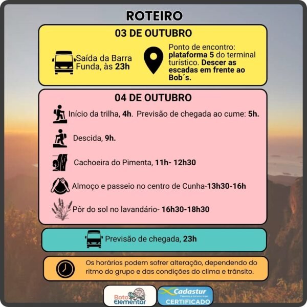 Nascer do sol visto do topo da Pedra da Macela, em Cunha, roteiro da Rota Elementar com cachoeira, almoço no centro histórico e pôr do sol no Lavandário