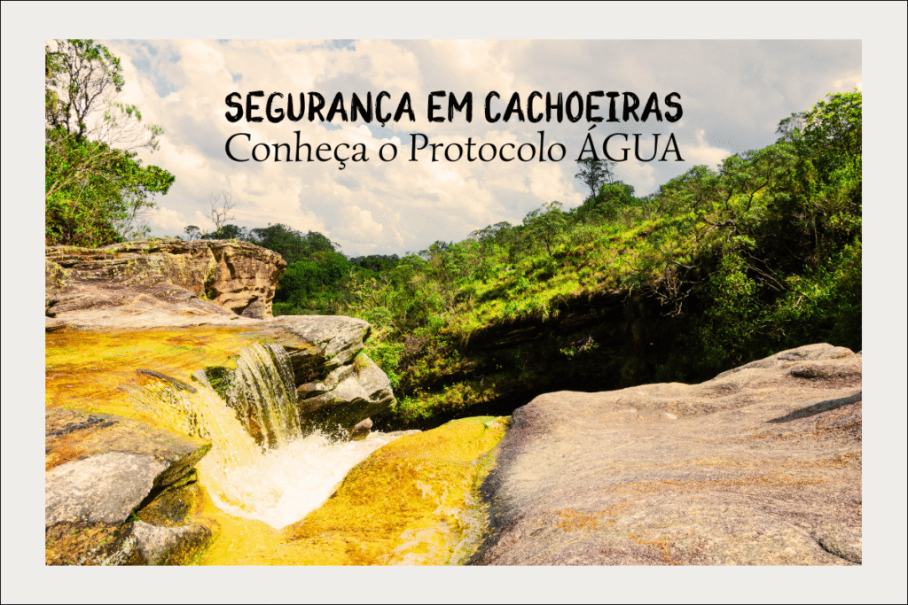 Conteúdo educativo sobre segurança em cachoeiras criado por Angela Patrícia Felipe Gama. Apresenta o protocolo ÁGUA — Avaliar a cena, Garantir apoio, Usar proteção e Agir com prudência — com orientações práticas de prevenção de acidentes em ambientes naturais.