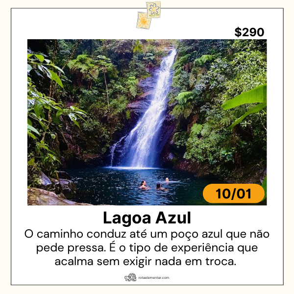 Cachoeira da Lagoa Azul em Cubatão, no Núcleo Pilões do Parque Estadual da Serra do Mar, registrada durante roteiro da Rota Elementar, com queda d’água alta formando poço azul profundo cercado por rochas úmidas e mata atlântica fechada.