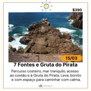 Roteiro 7 Fontes e Gruta do Pirata da Rota Elementar em Ubatuba com registro do costão rochoso que leva ao acesso da gruta, mar azul ao fundo e vegetação costeira.