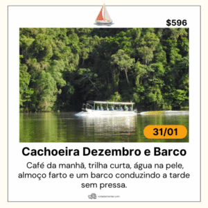 Roteiro Cachoeira Dezembro e Passeio de Barco da Rota Elementar com navegação em rio de águas calmas dentro da reserva, cercado por mata atlântica densa após a trilha até a cachoeira.