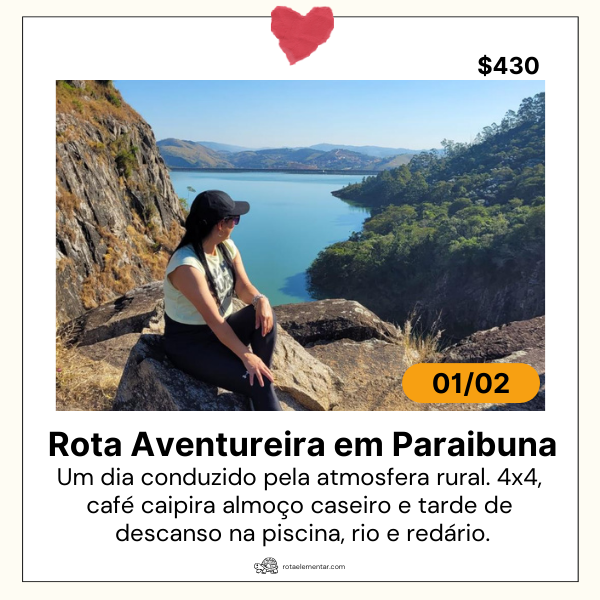Roteiro Rota Aventureira de Paraibuna da Rota Elementar com registro do mirante que revela o reservatório de Paraibuna, encostas verdes, formações rochosas e paisagem rural típica da Serra do Mar, incluindo trecho de trilha leve e áreas naturais preservadas.