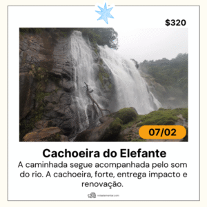 Roteiro Cachoeira do Elefante da Rota Elementar em Bertioga com queda larga descendo por paredão de pedra, grande volume de água, poço natural e vegetação úmida de mata atlântica.