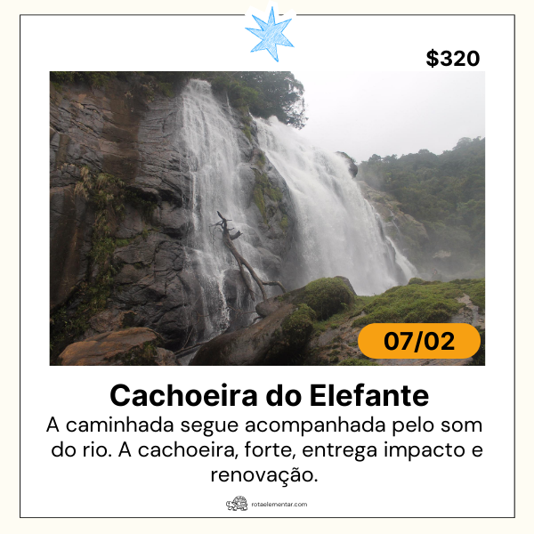 Roteiro Cachoeira do Elefante da Rota Elementar em Bertioga com queda larga descendo por paredão de pedra, grande volume de água, poço natural e vegetação úmida de mata atlântica.