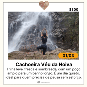 Roteiro Cachoeira Véu de Noiva da Rota Elementar em Cubatão, no Parque Ecológico do Perequê, com queda ampla descendo por paredão de pedra, poço raso e vegetação de mata atlântica.