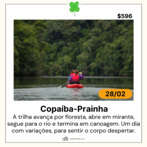 Copaíba–Prainha. Caminhada guiada em floresta preservada, com mirante, rio e canoa. Grupo pequeno, ritmo acompanhado e cuidado da Rota Elementar do começo ao fim.