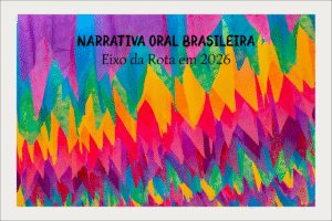 Cores vibrantes e formas geométricas que representam a narrativa oral brasileira