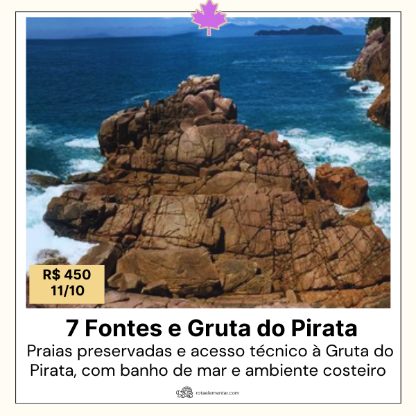 Trilha da Praia das Sete Fontes em Ubatuba com acesso à Gruta do Pirata. Caminhada de 12 km por Mata Atlântica, praias preservadas e costão rochoso.
