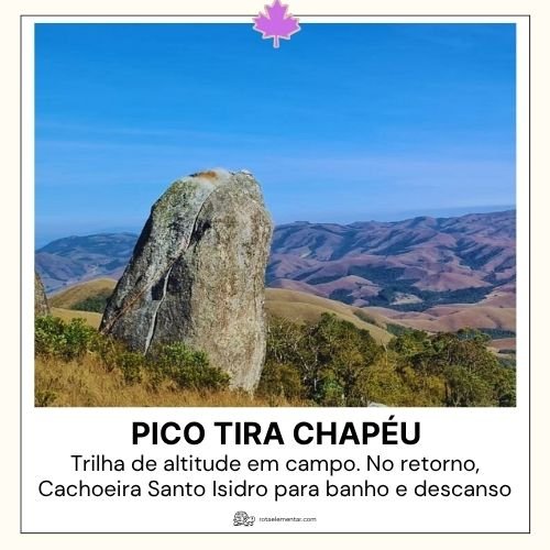 Formação rochosa vertical isolada no Pico Tira Chapéu cercada por campos de altitude e vales ao fundo.