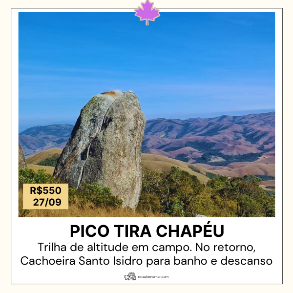 Caminhada longa até o cume do Pico do Tira Chapéu, com subida contínua, vista ampla da Bocaina e pausa para banho na Cachoeira Santo Isidro antes do almoço. Um dia inteiro de esforço físico, altitude e recuperação em água natural.