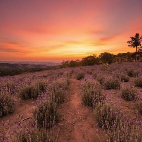 Lavandário de Cunha ao pôr do sol com a Rota Elementar na Serra da Bocaina