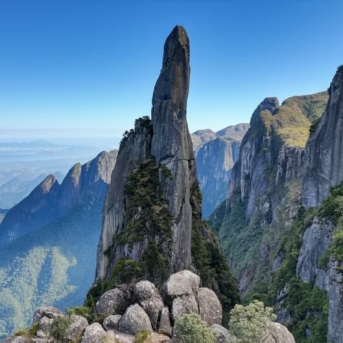 Imponente formação rochosa vertical da Agulha do Diabo vista a partir do Mirante do Inferno na Travessia Petrópolis Teresópolis da Rota Elementar.