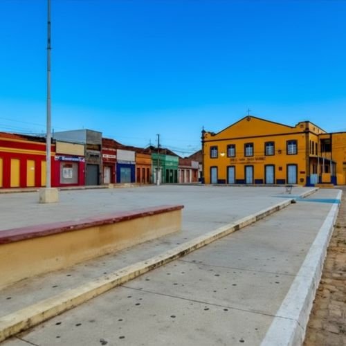 Ampla praça pública de paralelepípedo com casarões coloniais coloridos e preservados ao fundo no centro histórico de Taperoá, Paraíba.