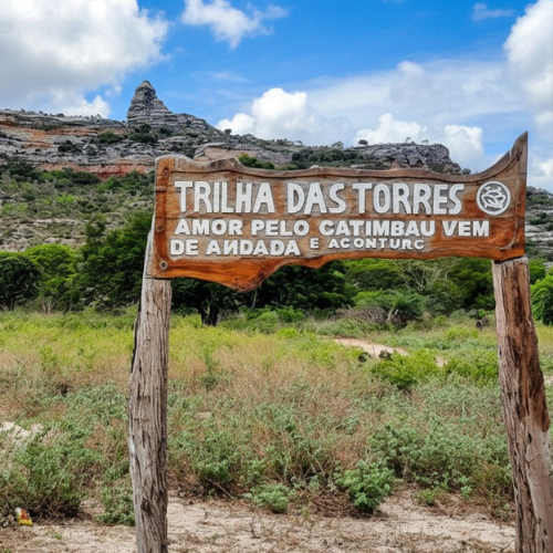 Placa de madeira rústica indicando o início da Trilha das Torres na Expedição Vale do Catimbau da Rota Elementar, cercada pela vegetação verde da Caatinga sob um céu azul.