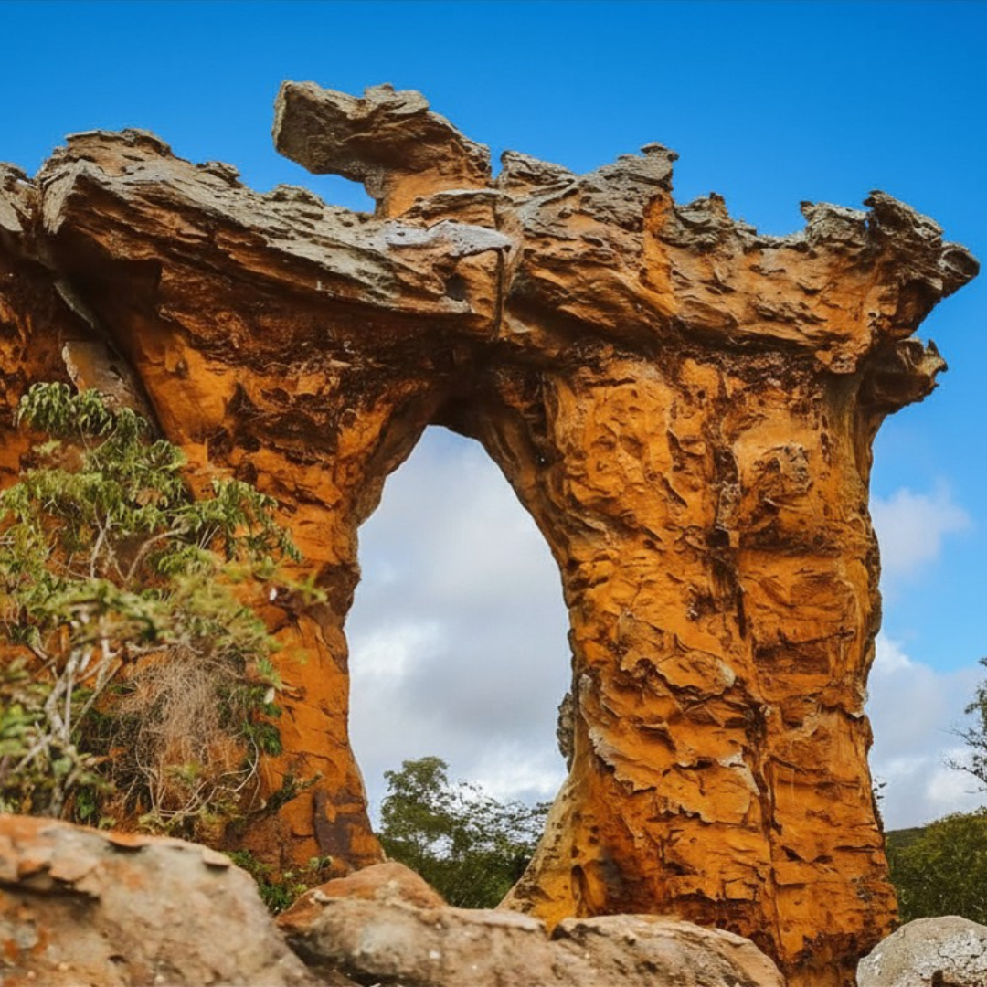 Formações de arenito do Vale do Catimbau esculpidas pelo vento em Pernambuco, ilustrando um roteiro de expedição nacional focado em arqueologia e cultura popular brasileira.