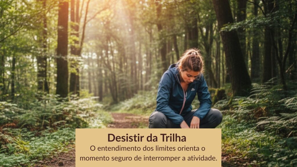 Uma caminhante agachada com as mãos nos joelhos e cabeça baixa expressa o momento técnico de desistir da trilha por cansaço acumulado, posicionada em um caminho de terra no interior de uma floresta densa com raios de sol ao fundo.
