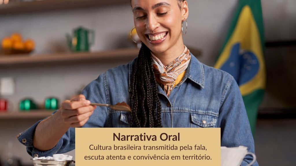 Mulher representando a transmissão da Narrativa Oral Brasileira por meio da fala e da convivência.
