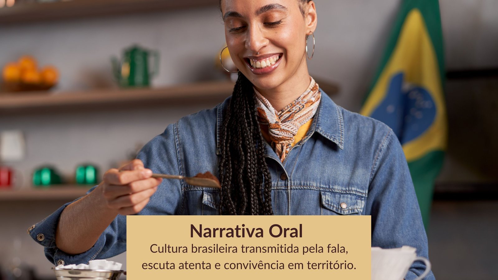 Mulher representando a transmissão da Narrativa Oral Brasileira por meio da fala e da convivência.