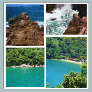 Trilha da Praia das Sete Fontes em Ubatuba com acesso à Gruta do Pirata. Caminhada de 12 km por Mata Atlântica, praias preservadas e costão rochoso.